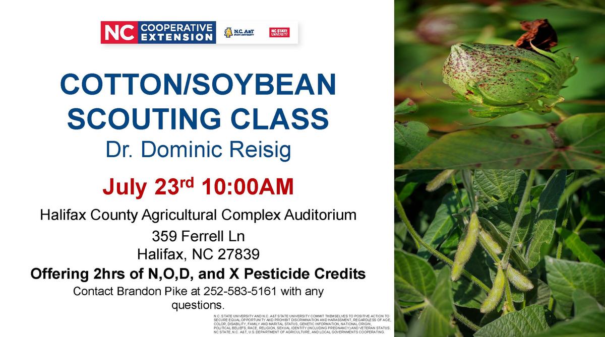 COTTON/SOYBEANSCOUTING CLASSDr. ReisigJuly 23rd 10:00AMHalifax County Agricultural Complex Auditorium359 Ferrell Ln Halifax, NC 27839Offering 2hrs of N,O,D, and X Pesticide Credits