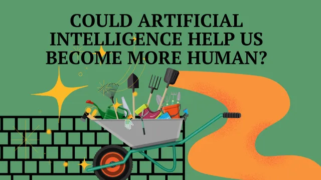 Illustration of a wheelbarrow filled with garden tools beside an abstracted keyboard, with abstract digital elements in the background representing the intersection of artificial intelligence and gardening.