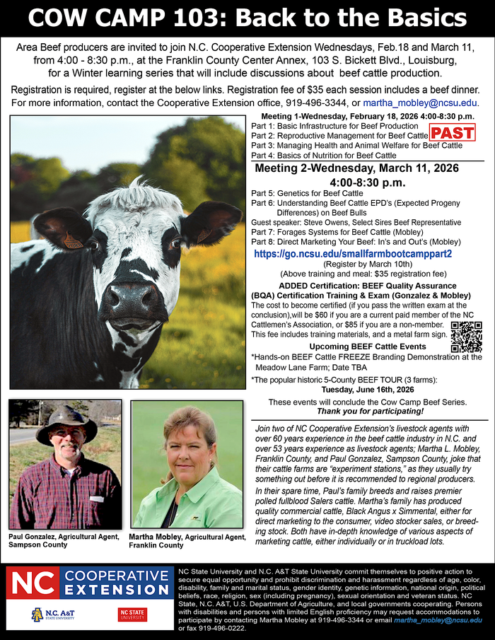 Cow Camp 103 meeting series flyer with description, dates, times, Locations and registration info., and images of a cow, and Ag Agents, Martha Mobley and Paul Gonzalez.