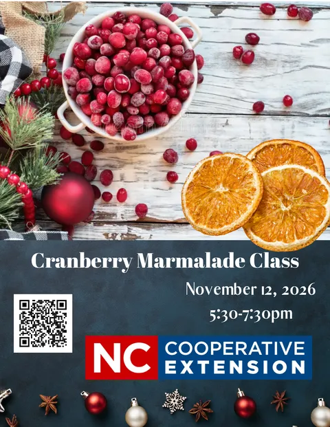 image of cranberries, dried oranges, holiday embellishments, announces Cranberry Marmalade Class, November 12, 2026,  5:30-7:30pm