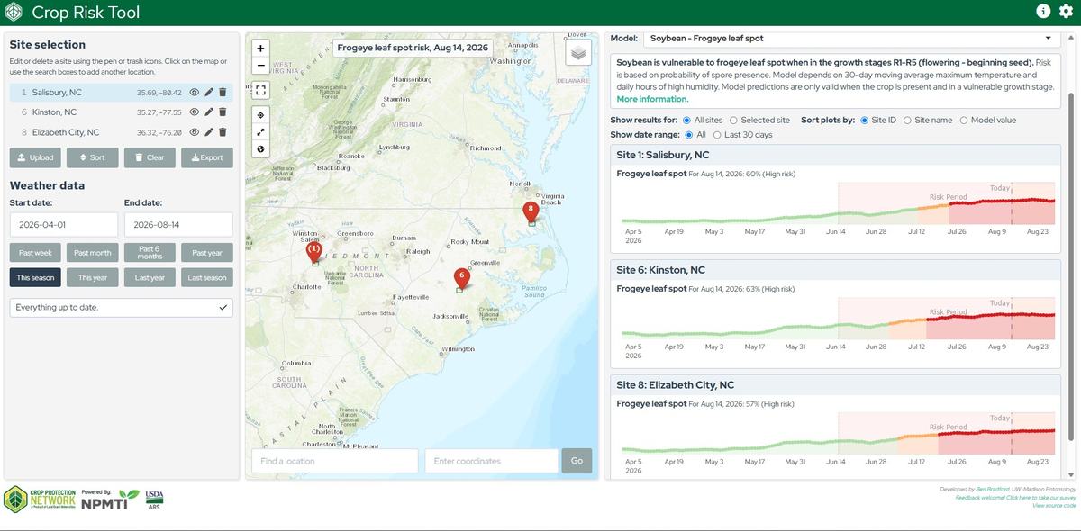 Figure 2. Crop Risk Tool Displaying Frogeye Leaf Spot Risk Across Three Locations In North Carolina