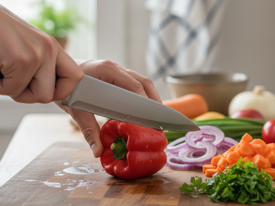 Person using chef's knife to bell pepper on cutting board