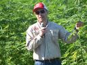 NC State Extension expert David Suchoff holds a microphone and hemp plant while discussing the industry with a group of growers and industry stakeholders.