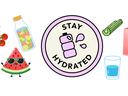 A sticker reading "Stay Hydrated" surrounding a water bottle. Wrapping around the sticker are water packed snacks and beverages.
