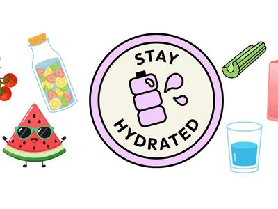A sticker reading "Stay Hydrated" surrounding a water bottle. Wrapping around the sticker are water packed snacks and beverages.