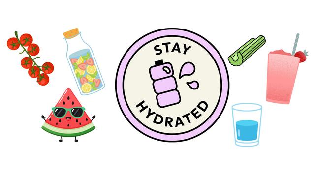 A sticker reading "Stay Hydrated" surrounding a water bottle. Wrapping around the sticker are water packed snacks and beverages.