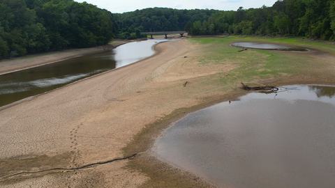 An aerial view of a nearly barren, drought-impacted Lake Michie in Durham, N.C.
