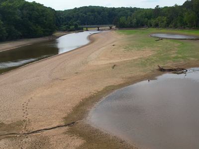 An aerial view of a nearly barren, drought-impacted Lake Michie in Durham, N.C.