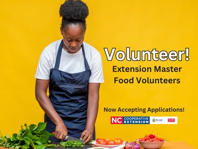 Woman cutting vegetables on a cutting board with a yellow background. Words announcing applications are open for volunteering with the EMFV program.