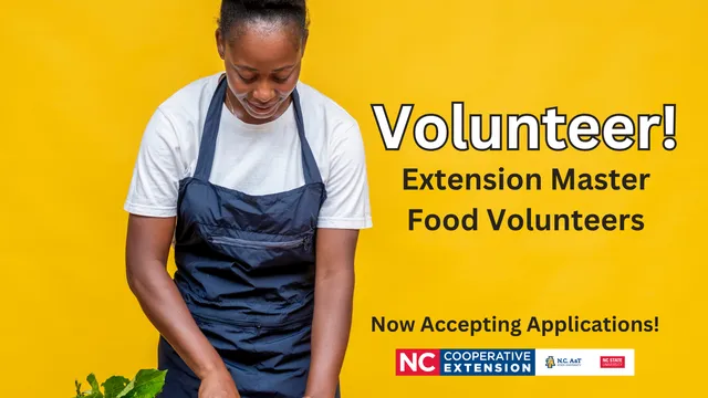 Woman cutting vegetables on a cutting board with a yellow background. Words announcing applications are open for volunteering with the EMFV program.