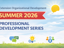 Photo of sun and clouds with "Extension Organizational Development Summer 2026 Professional Development Series" and icons of chat, lightbulb, and people connecting.