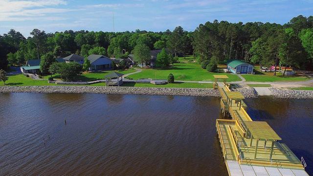 An aerial view of NC State's Eastern 4-H Center camp facilities along the Albemarle Sound.