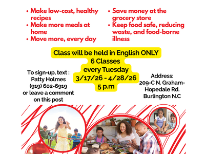 Our next EFNEP class series is officially open for registration!
This upcoming session will be held entirely in English.
learn how to:
Save money at the grocery store.
Prepare quick, healthy, and delicious meals