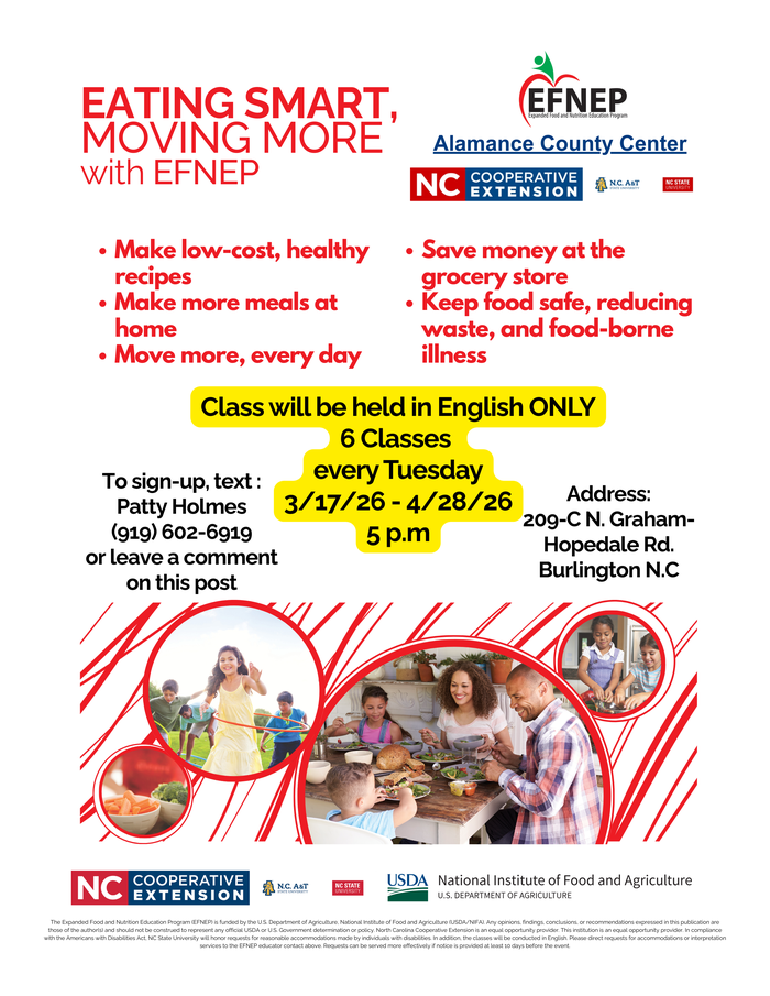 Our next EFNEP class series is officially open for registration!This upcoming session will be held entirely in English.learn how to:Save money at the grocery store.Prepare quick, healthy, and delicious meals