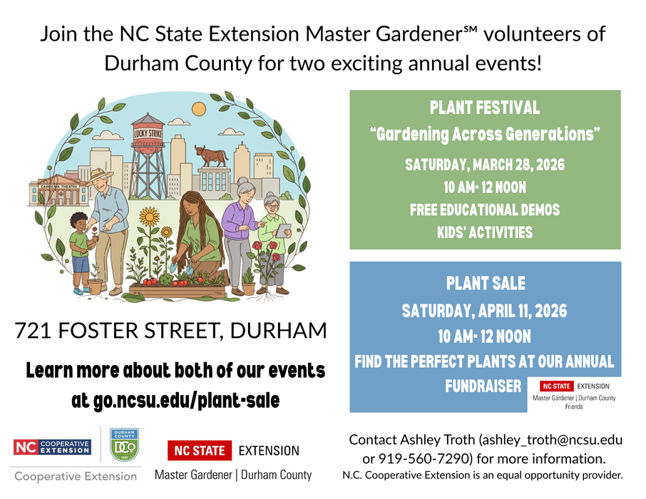 Flier with illustration of gardening in Durham, includes date / time information for plant festival and sale