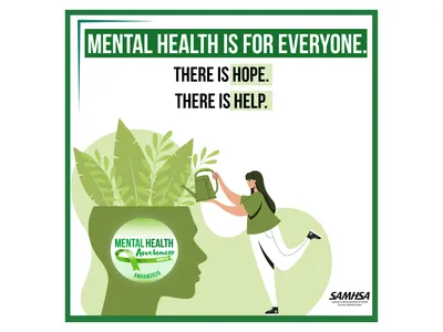 Mental Health is for Everyone. There is Hope. There is Help.  A silhouette of a head with greenery growing out of it with a lady watering the greenery. Most of elements are in different shades of green. (as it is healthy)