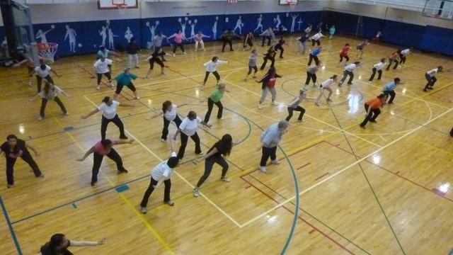 Exercise class at a faith community gym