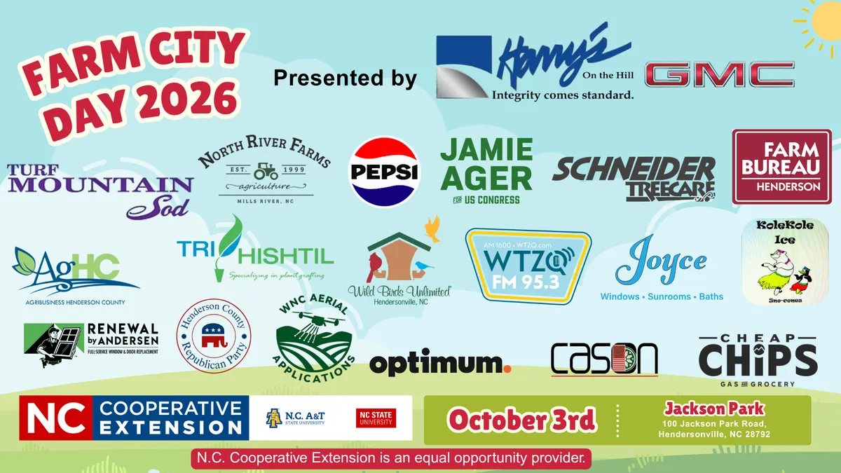 A poster listing event sponsors for Farm City Day 2026, scheduled for October 3rd at Jackson Park.
