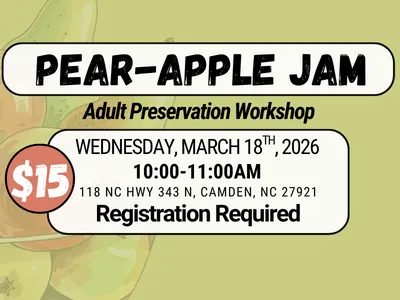 A bowl of pears & apples advertising a "Pear-Apple Jam" class details in article