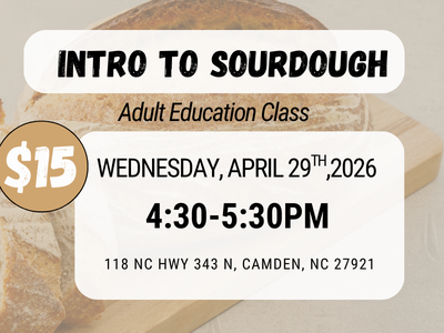 loaf of bread with intro to sourdough event details that are listed in article