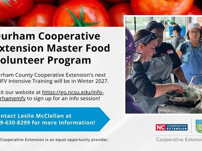 The image depicts several people standing around their instructor as she demonstrates a cooking technique. The image is set in the Food Lab at NC Cooperative Extension, Durham County Center.