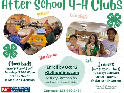 Images of kids with science kits and snacks, surrounded by club info text.