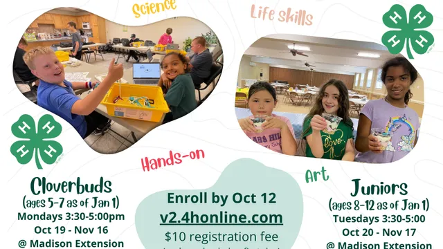 Images of kids with science kits and snacks, surrounded by club info text.