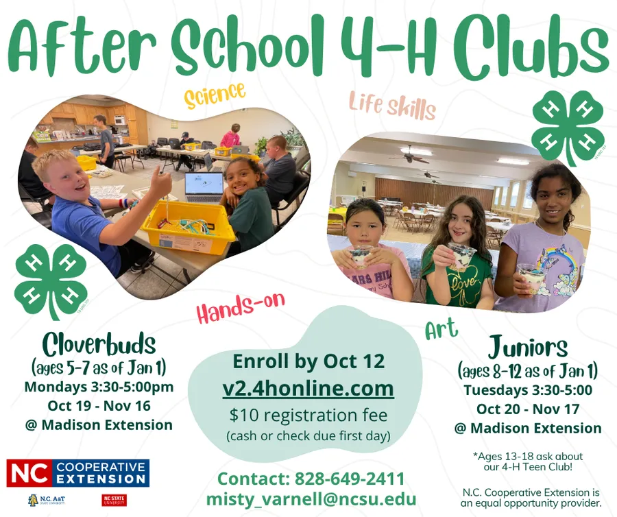Images of kids with science kits and snacks, surrounded by club info text.