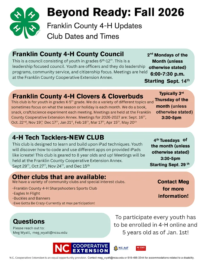 4-H logo, Franklin County 4-H clubs list, detailed descriptions, meeting dates, times, locations