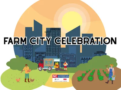 graphic depicting farm and city landscapes. Text reads "Farm City Celebration"