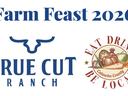A round image with fruits and vegetables with "Eat, Drink and Be Local" around it. True Cut Ranch logo with a bulls horns.