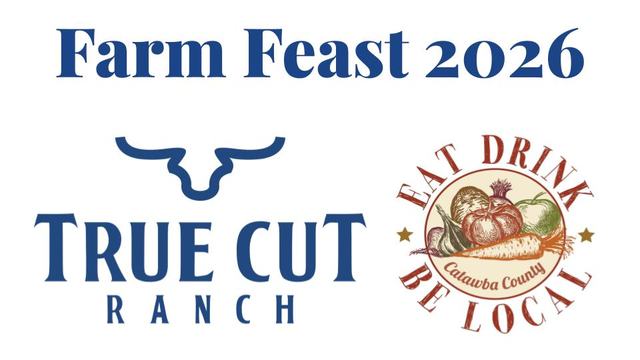 A round image with fruits and vegetables with "Eat, Drink and Be Local" around it. True Cut Ranch logo with a bulls horns.