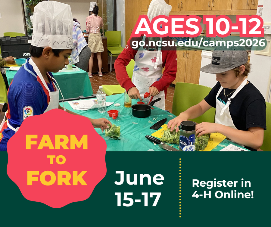 Farm to Fork, Ages 10-12, go.ncsu.edu/camps2026, Register in 4-H Online