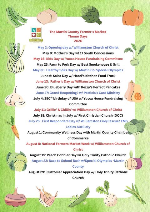 graphic flyer listing themed days at the Martin County Farmer's Market