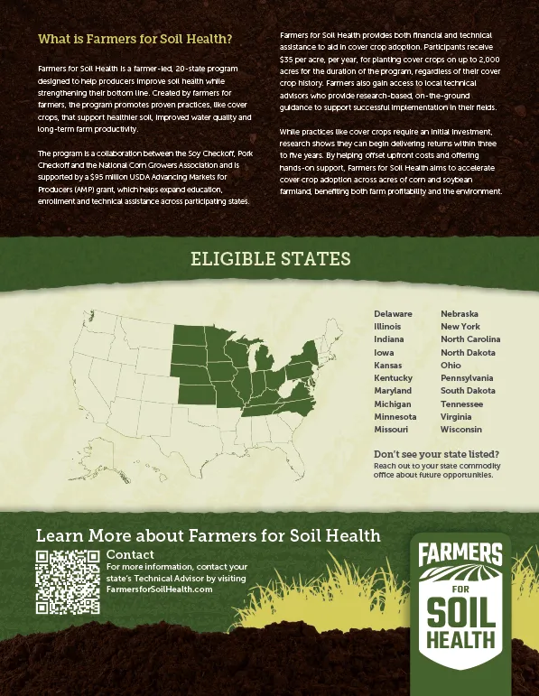 A flyer that gives information on the cover cropping program that Farmers for Soil Health does.