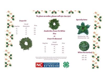 Order flyer for NC Cooperative Extension 4-H wreath sale featuring Fraser Fir wreaths, Double Mix wreaths, star and cross specialty items, and White Pine garland, with pricing and phone number 252-794-5317.