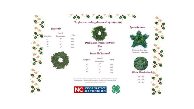 Order flyer for NC Cooperative Extension 4-H wreath sale featuring Fraser Fir wreaths, Double Mix wreaths, star and cross specialty items, and White Pine garland, with pricing and phone number 252-794-5317.