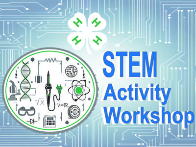 STEM Activity Workshop & white 4-H clover emblem with circuit designs.