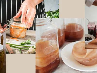 Photo of SCOBY in glass jar, fermented vegetables in jars with CO2 lid, person closing jar of sauerkraut, person pouring kombucha