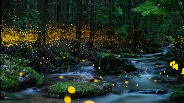 Fireflies in the forest by a river