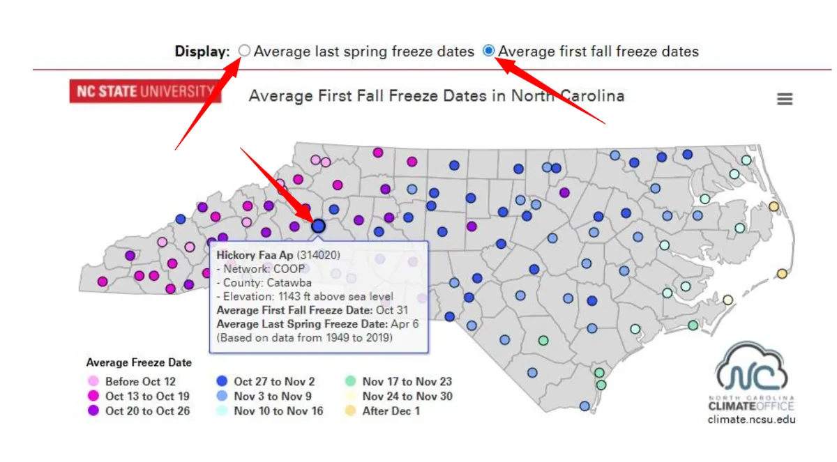 Map of NC with colored dots for each weather station. The color indicates the average first fall freeze date. A pull-out box shows details for one site.  Arrows indicate where to click to switch between spring and fall data.