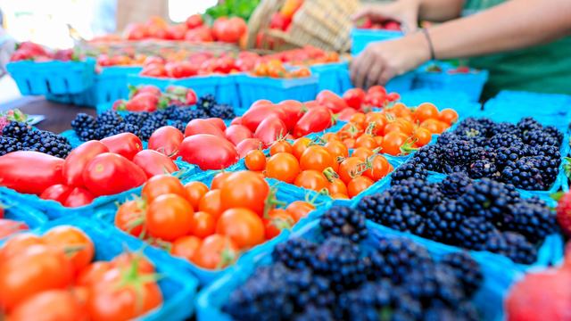 A colorful display of blackberries and tomatoes at a local market.