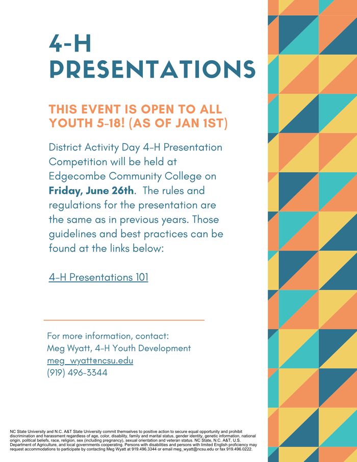 NC 4-H Northeast District Activity Day registration flyer, event date,  link to best practices info. 4-H agent contact email, phone.