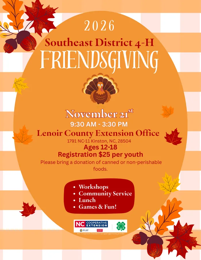 This flyer includes information about a youth "friendsgiving" that will be held on November 21 in Lenoir County.