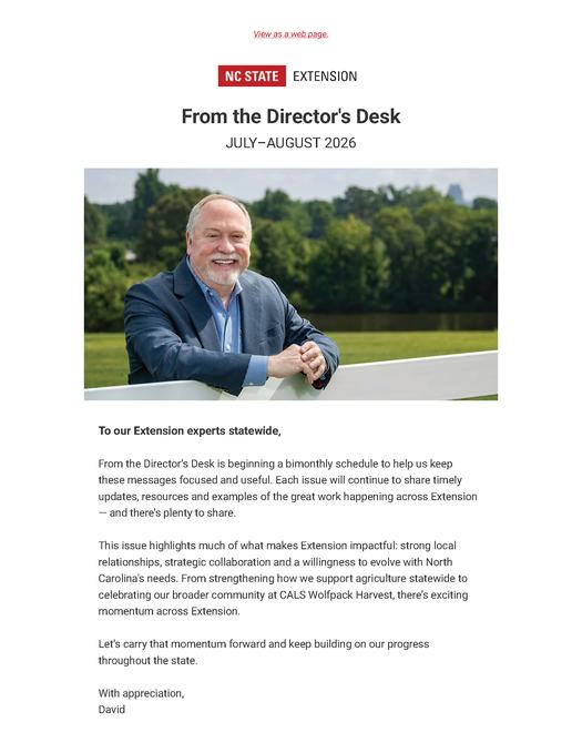 Cover page of the July/August 2026 edition of From the Director's Desk, a bimonthly newsletter from NC State Extension director David Monks.