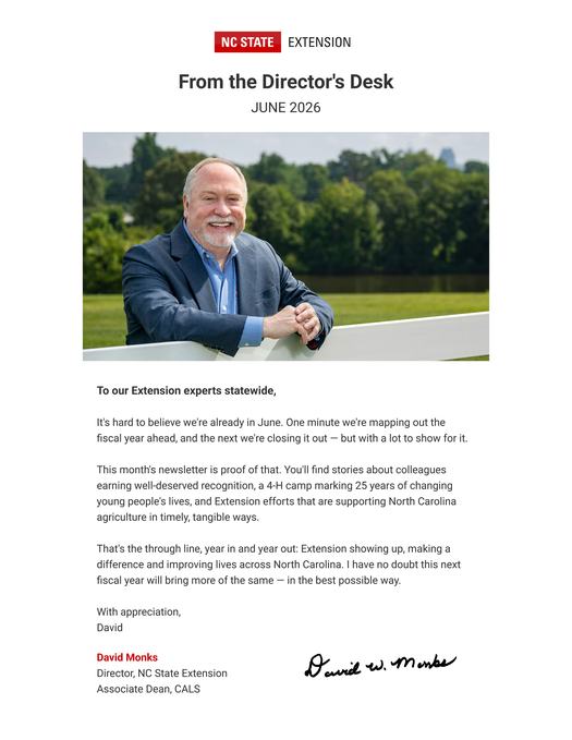 Cover page of the NC State Extension "From the Director's Desk" newsletter for June 2026.