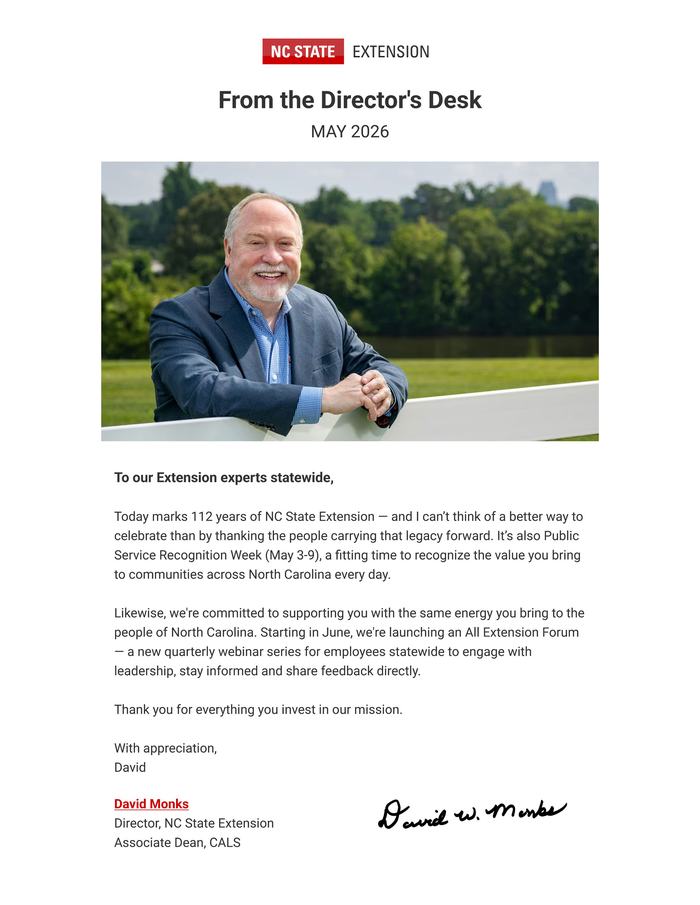 Cover page of the NC State Extension "From the Director's Desk" newsletter for May 2026.