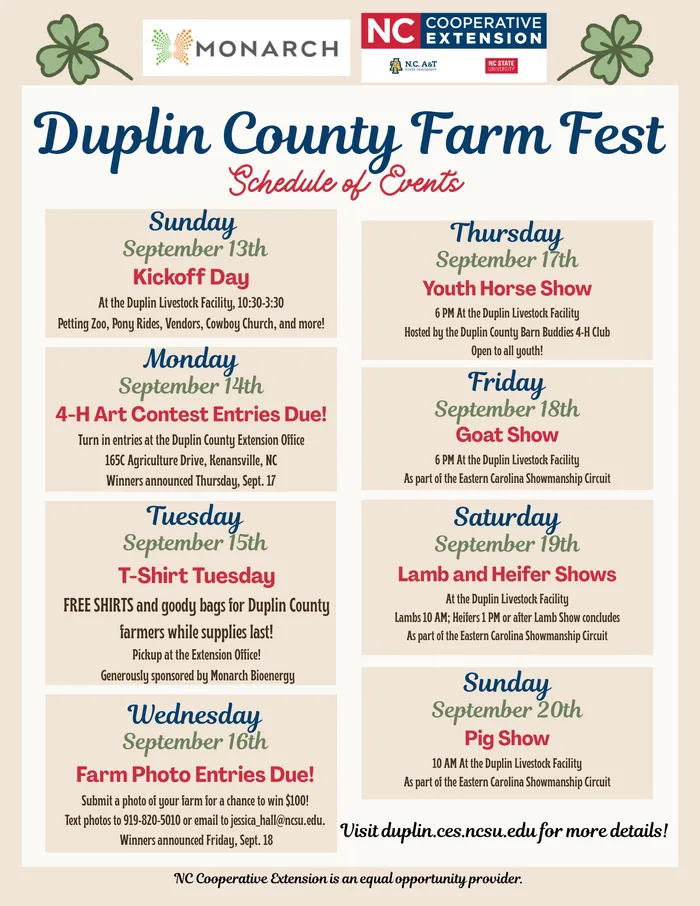 Duplin County Farm Fest Schedule of Events Full Details outlined in text below this image