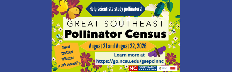 A colorful banner displays the August 21 adn 22 dates of the Great Southeast Pollinator Census 2026 surrounded by brightly colored flowers and insects.
