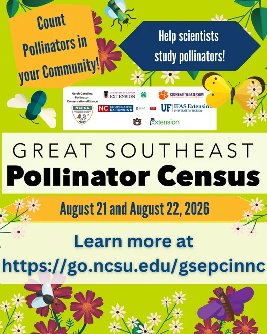 Great Southeast Pollinator Census graphic announcing dates for the census August 21 and 22.